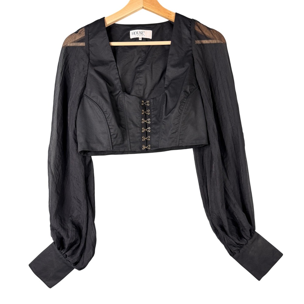 House of CB Arietta Black Corset Crop Top Sheer Balloon Sleeve Hook Eye M SB4114